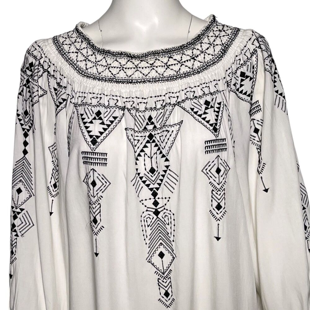 John Mark XL White Black Embroidered Boho Tunic Top Fringe Rayon Peasant Blouse - Picture 4 of 8